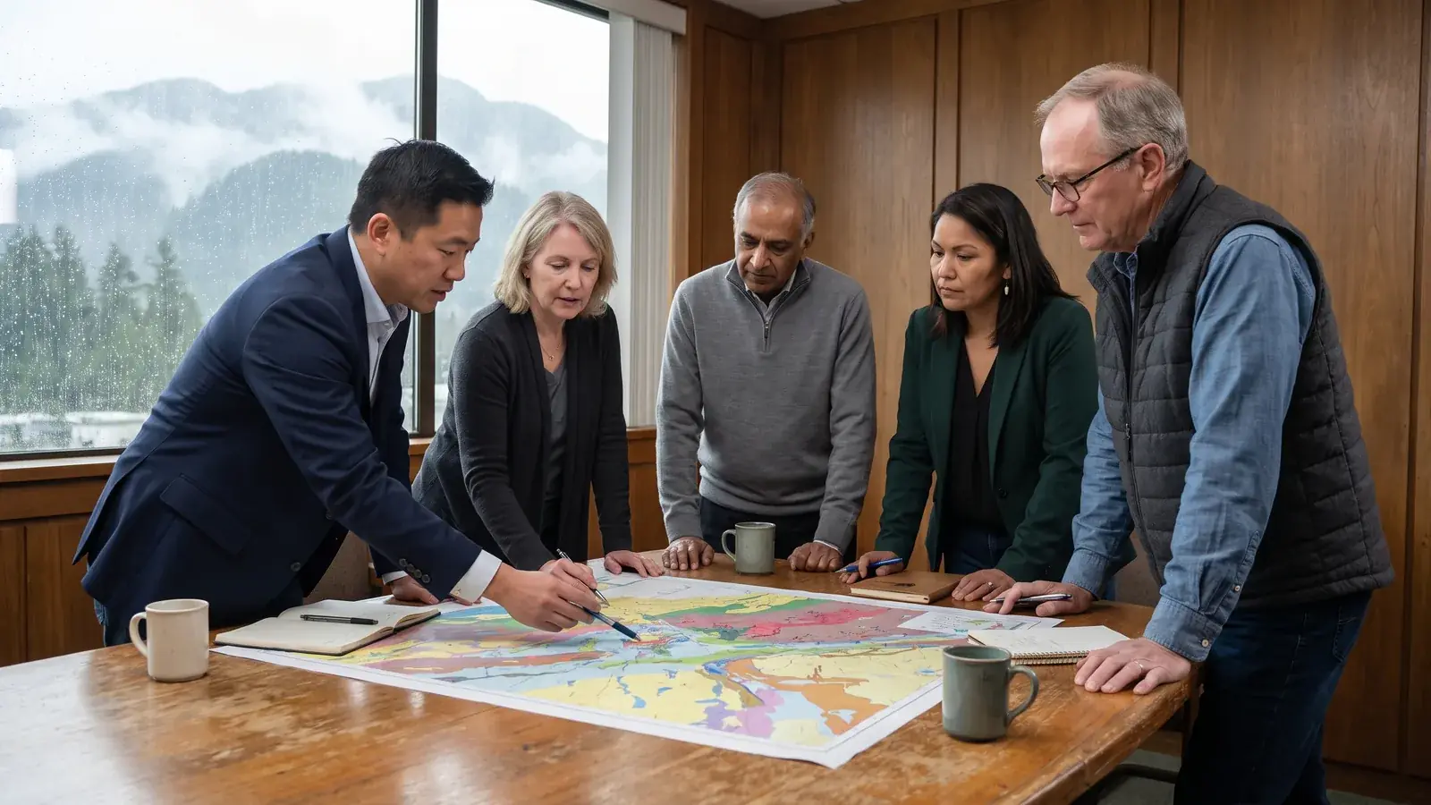 A mining company board leans over a geological map on a boardroom table, with rain on the window behind