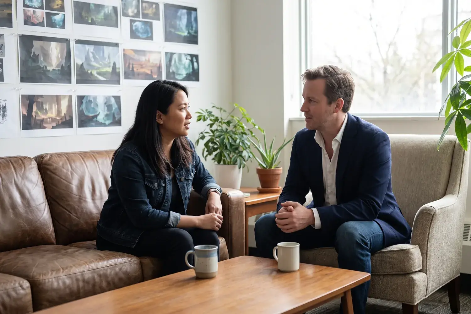 Two people talk on a sofa and armchair in a games studio lounge with concept art pinned on the wall behind