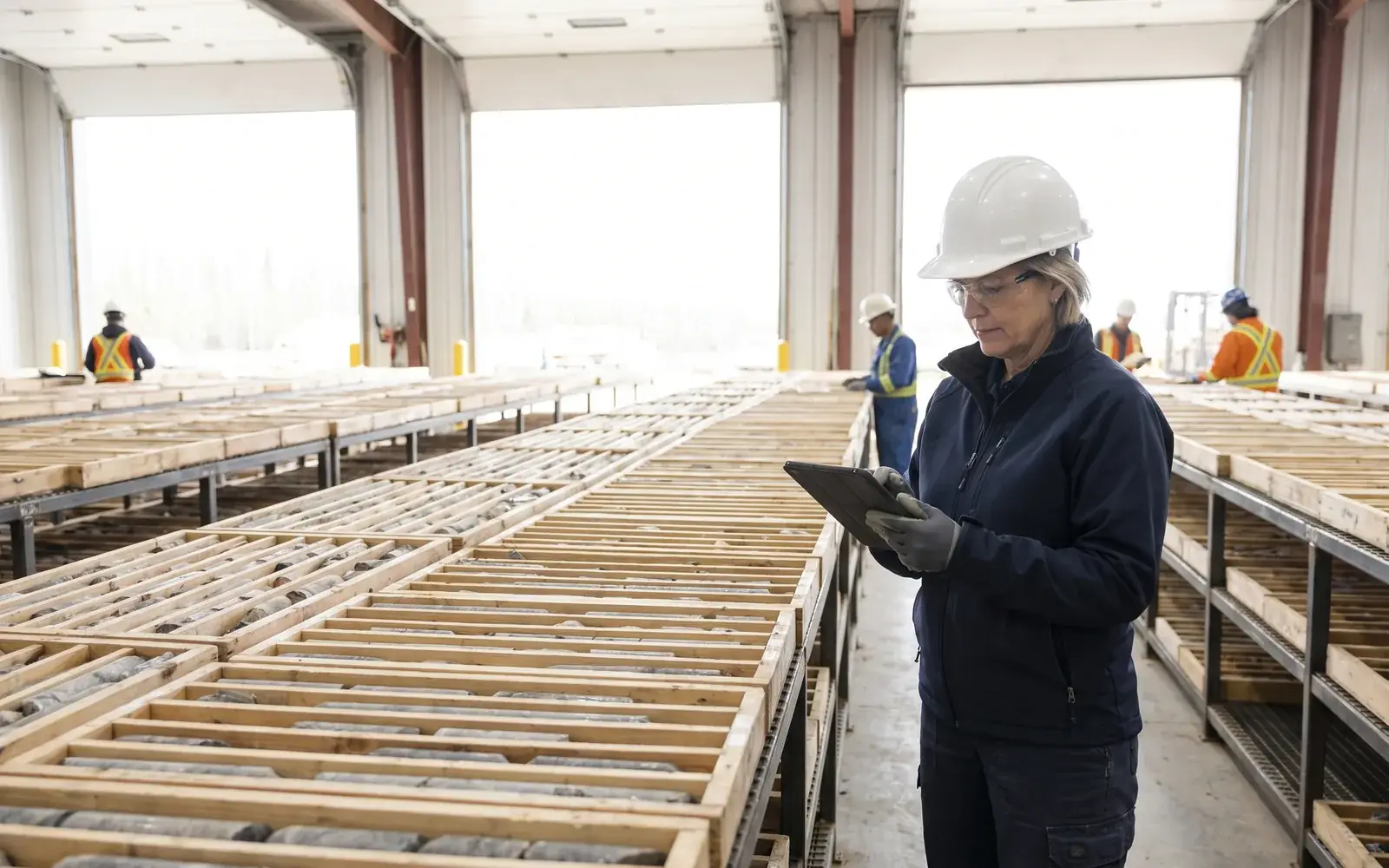 An executive in a white hard hat studies drill-core trays with a tablet in a bright core shed