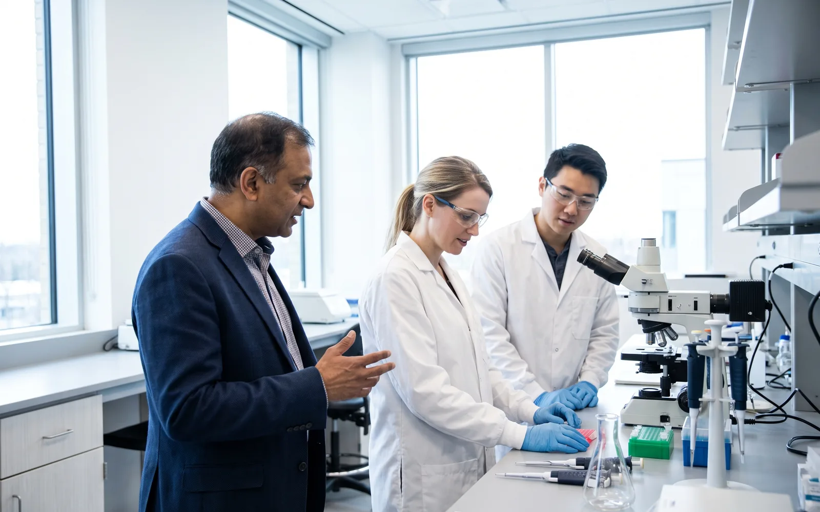 An executive talks with two scientists in lab coats at a bench with a microscope in a life-sciences lab