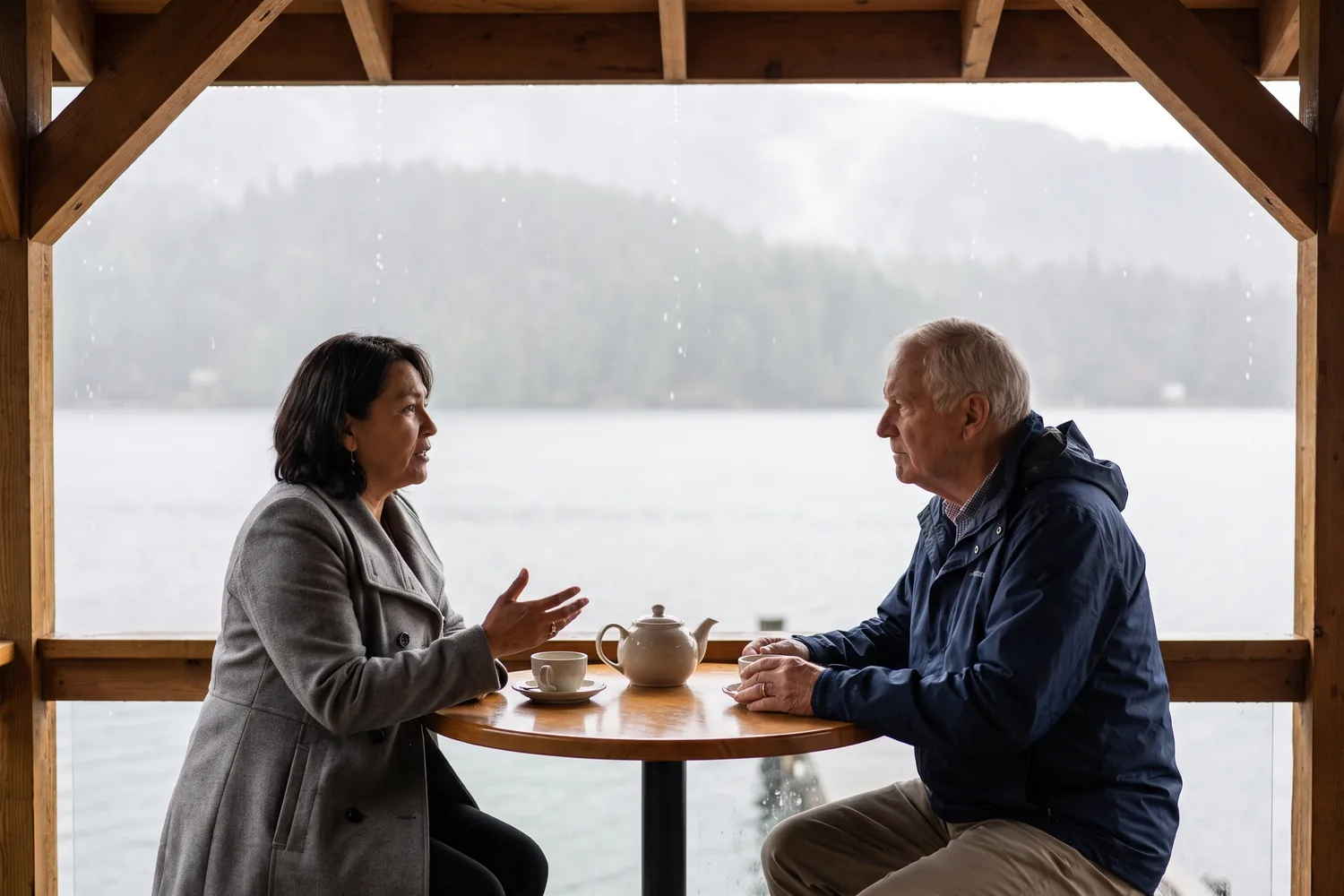 Two people talk over tea on a covered waterfront terrace, with rain, water and forested mountains softly behind