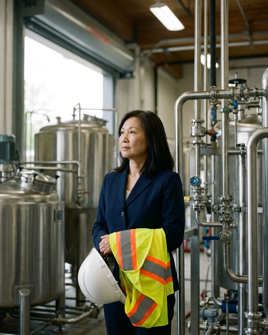 An executive in a navy jacket holds a hard hat and hi-vis vest in a cleantech pilot plant among stainless tanks